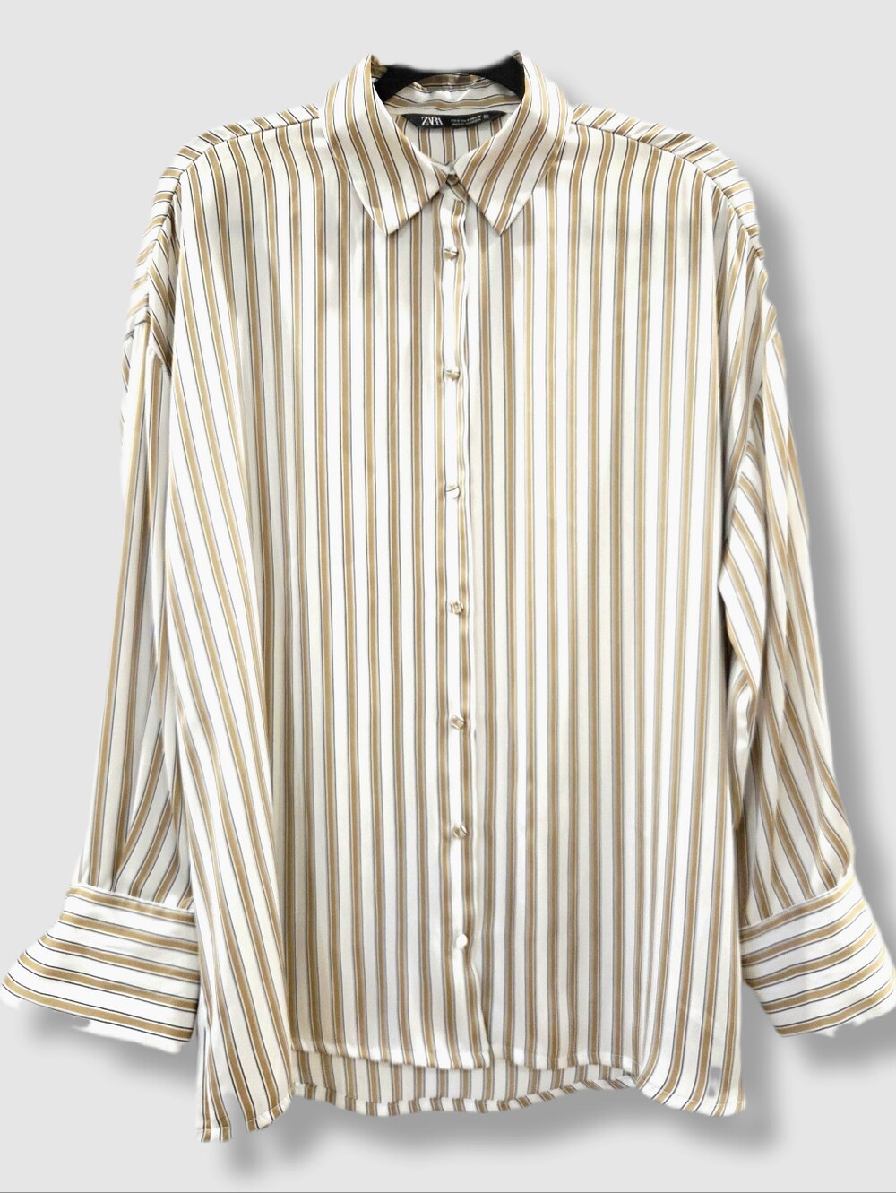 Zara Oversized Satin Striped Button Up Blouse Cream Tan Size S-M